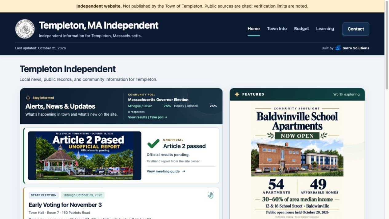 Templeton Independent homepage with town news, community polls, meeting information, and featured local stories